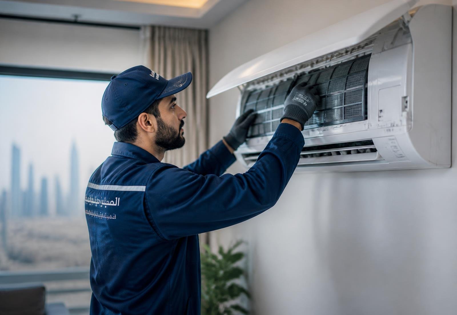 Technician servicing a split air conditioner in Dammam